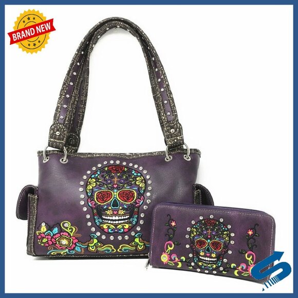 Embroidered Sugar Skull Handbag Purse Wallet Set Shoulder Bag
